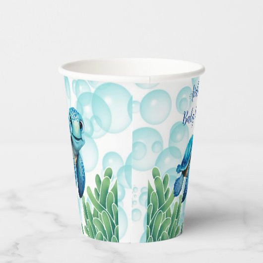 ティール(緑がかった色)ブルーウミガメ海苔ボーイベビーシャワー 紙コップ (右)