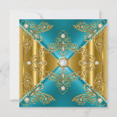 ティール（緑がかった色）ブルーエイジバースデーパーティー金ゴールドダイヤモンド 招待状 (裏面)