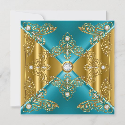 ティール（緑がかった色）ブルーエイジバースデーパーティー金ゴールドダイヤモンド 招待状 (裏面)