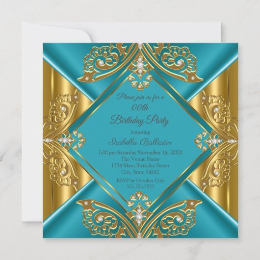 ティール（緑がかった色）ブルーエイジバースデーパーティー金ゴールドダイヤモンド 招待状 (正面)