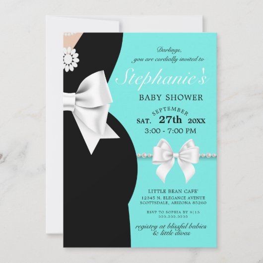 ティール（緑がかった色）ブルーエレガントグラムティファニーテーマベビーシャワー 招待状 (正面)