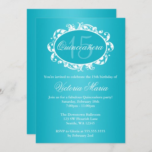 ティール（緑がかった色）ブルーエレガントスワールキンセアニェラ誕生日パーティー 招待状 (正面/裏面)