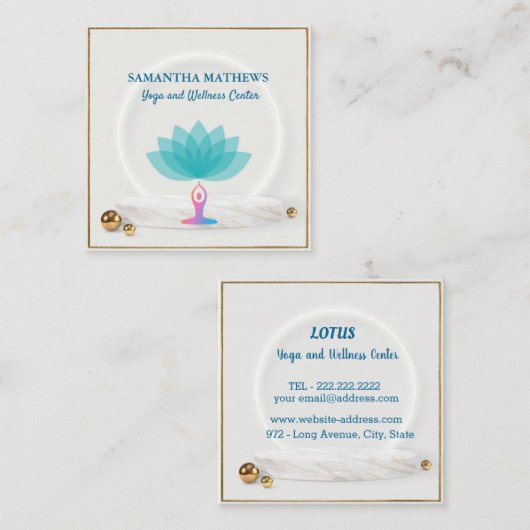 ティール(緑がかった色)ブルーエレガントロータスヨガの瞑想健康 スクエア名刺 (正面/裏面)