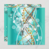 ティール（緑がかった色）ブルーエレガント金ゴールドダイヤモンドバースデーパーティー 招待状 (正面/裏面)