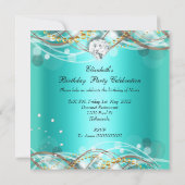 ティール（緑がかった色）ブルーエレガント金ゴールドダイヤモンドバースデーパーティー 招待状 (裏面)