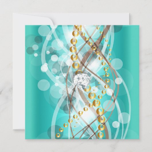 ティール（緑がかった色）ブルーエレガント金ゴールドダイヤモンドバースデーパーティー 招待状 (正面)