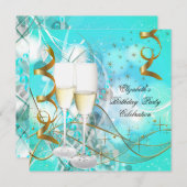 ティール(緑がかった色)ブルーエレガント金ゴールドバースデーパーティシャンパーニュ 招待状 (正面/裏面)