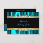 ティール（緑がかった色）ブルーエレガント金ゴールドブラックバースデーパーティー 招待状 (正面/裏面)