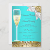 ティール（緑がかった色）ブルーエレガント金ゴールドホワイトシャンパンブランチ 招待状 (正面)