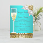 ティール（緑がかった色）ブルーエレガント金ゴールドホワイトシャンパンブランチ 招待状 (スタンド正面)
