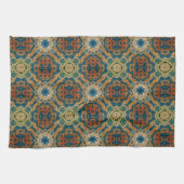 ティール（緑がかった色）ブルーオレンジイエローお尻ボヘミアンアート キッチンタオル (横)