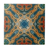 ティール(緑がかった色)ブルーオレンジイエローグリーンエスニック族アート タイル (正面)