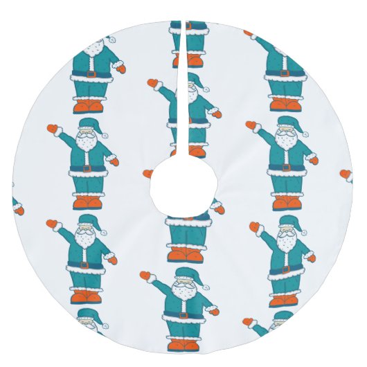 ティール(緑がかった色)ブルーオレンジクリスマスサンタクロース ブラッシュドポリエステルツリースカート (正面)
