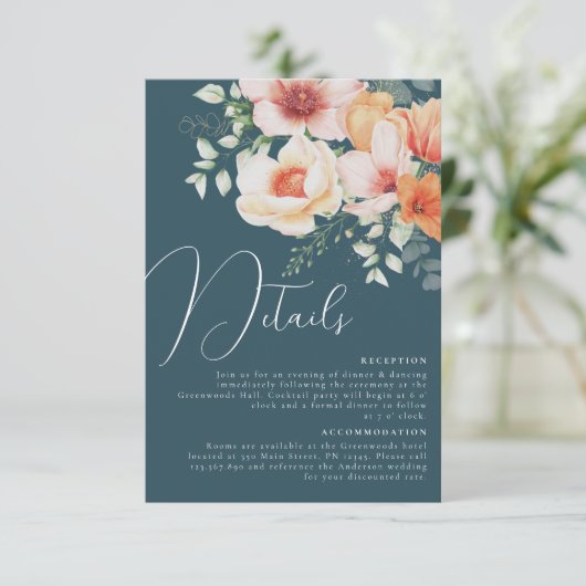 ティール(緑がかった色)ブルーオレンジピーチフローラ結婚ズ詳細 エンクロージャーカード (スタンド正面)