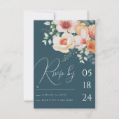 ティール（緑がかった色）ブルーオレンジ春ピーチフローラウェディングRSVP 出欠カード (正面)