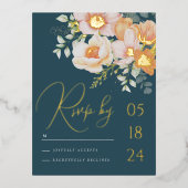ティール（緑がかった色）ブルーオレンジ春ピーチフローラウェディングRSVP 箔シーズンポストカード (正面)