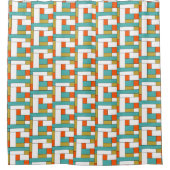 ティール(緑がかった色)ブルーオレンジ金ゴールドホワイトカラーブロックレトロ シャワーカーテン (正面)