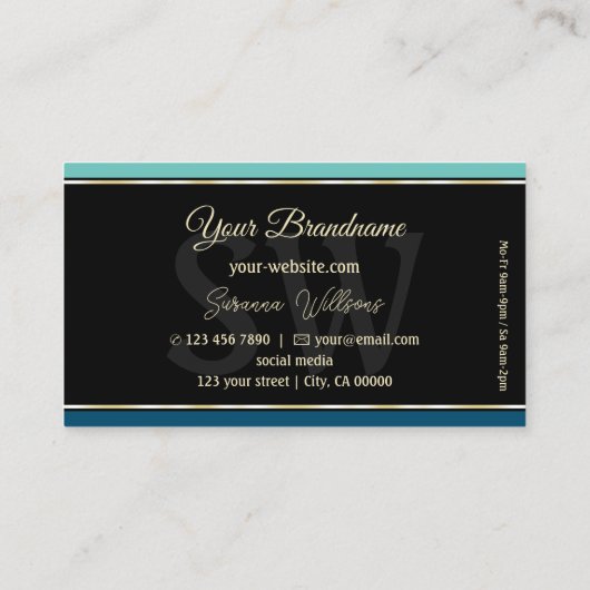 ティール（緑がかった色）ブルーオン縁どブラックスタイリッシュウィズモノグラム 名刺 (裏面)