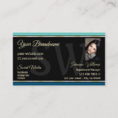 ティール（緑がかった色）ブルーオン黒縁どモノグラムと写真 名刺 (裏面)