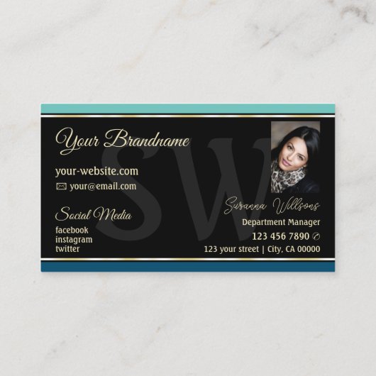 ティール（緑がかった色）ブルーオン黒縁どモノグラムと写真 名刺 (裏面)