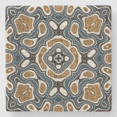 ティール(緑がかった色)ブルーオークレブラウンベージュボヘミアン族アート ストーンコースター (正面)