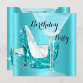 ティール(緑がかった色)ブルーカクテルハイヒールバースデーパーティー2 招待状 (正面/裏面)
