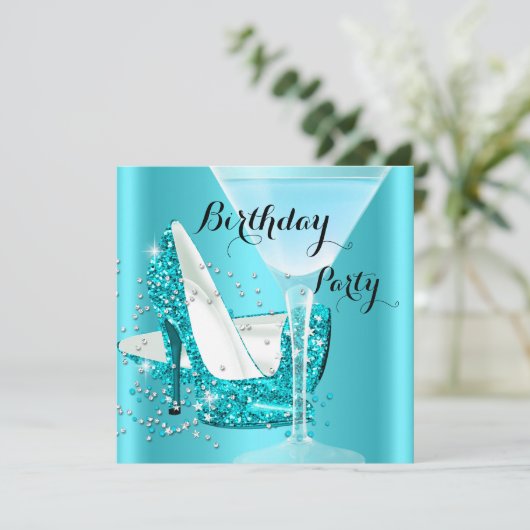ティール(緑がかった色)ブルーカクテルハイヒールバースデーパーティー2 招待状 (スタンド正面)