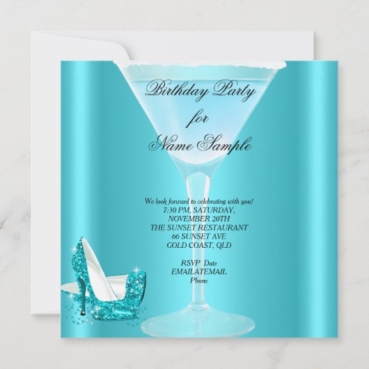 ティール（緑がかった色）ブルーカクテルハイヒールバースデーパーティー2 招待状 (裏面)