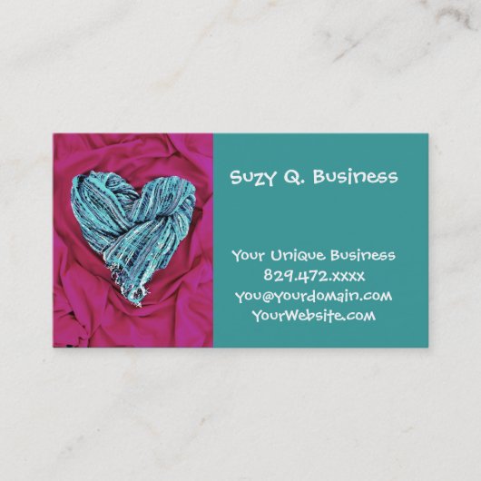 ティール（緑がかった色）ブルーカッコいいハートオンホットピンクファブリックラブリー 名刺 (正面)