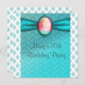 ティール（緑がかった色）ブルーカメオ女性70thバースデーパーティー 招待状 (正面/裏面)