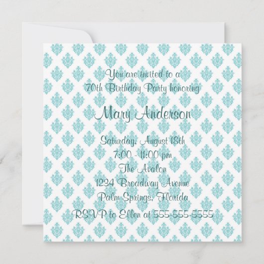 ティール(緑がかった色)ブルーカメオ女性70thバースデーパーティー 招待状 (裏面)