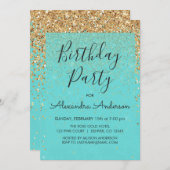 ティール（緑がかった色）ブルーガーリーグリッタースパークルアエージ誕生日 招待状 (正面/裏面)