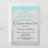 ティール(緑がかった色)ブルーガーリーグリッタースパークルキンセアニェラ 招待状 (正面)