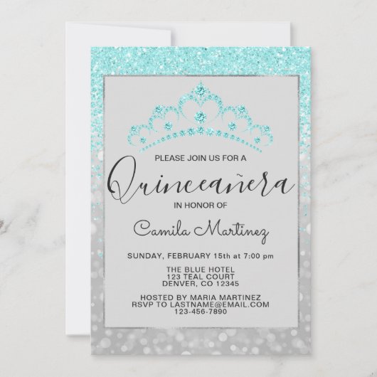 ティール（緑がかった色）ブルーガーリーグリッタースパークルキンセアニェラ 招待状 (正面)