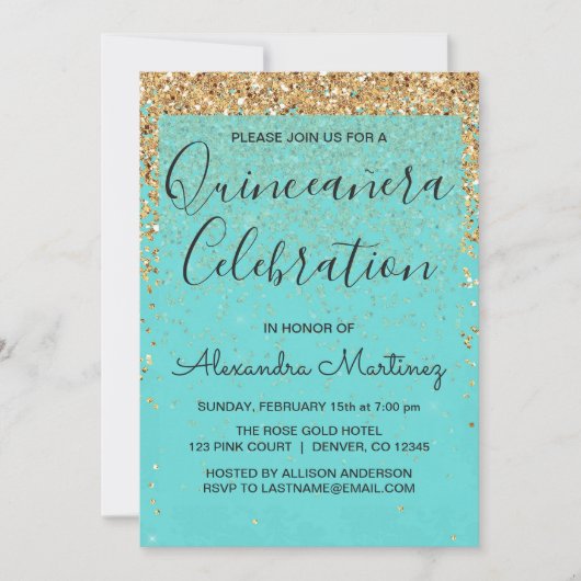 ティール（緑がかった色）ブルーガーリーグリッタースパークルキンセアニェラ 招待状 (正面)