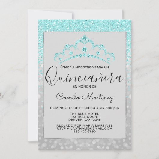 ティール（緑がかった色）ブルーガーリーグリッタースパークルキンセアニェラ 招待状 (正面)