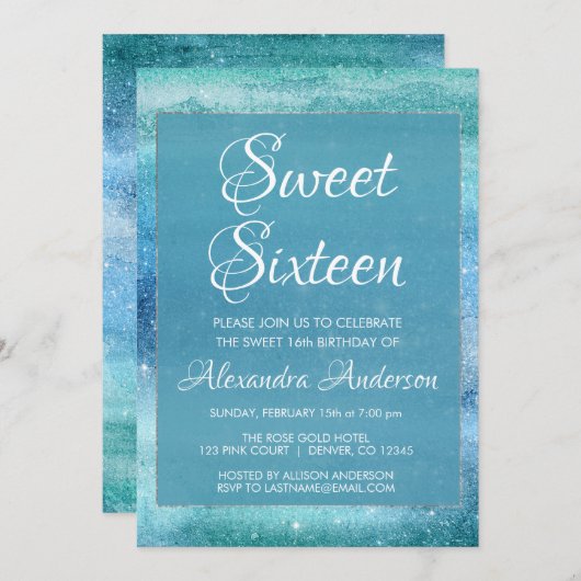 ティール(緑がかった色)ブルーガーリーグリッタースパークルスウィート16誕生日 招待状 (正面/裏面)