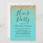 ティール(緑がかった色)ブルーガーリーグリッタースパークルヘンズパーティー 招待状 (正面)