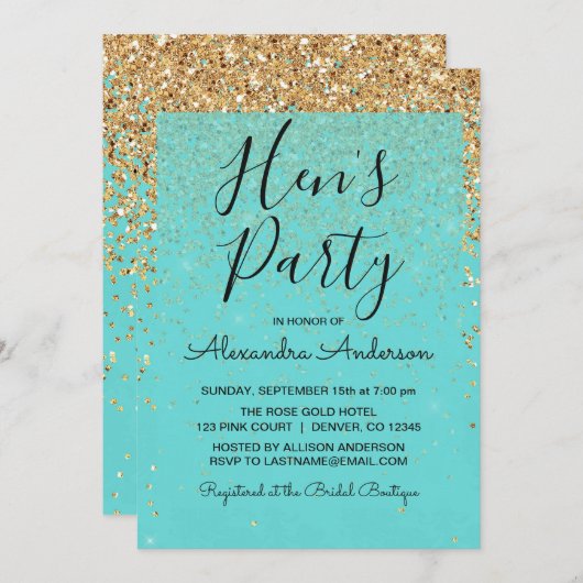 ティール(緑がかった色)ブルーガーリーグリッタースパークルヘンズパーティー 招待状 (正面/裏面)