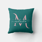 ティール（緑がかった色）ブルーガーリーピンクカスタムモノグラムペルソナライズ クッション (裏面)