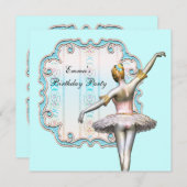 ティール（緑がかった色）ブルーガールズバレリーナバースデーパーティー 招待状 (正面/裏面)