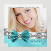 ティール（緑がかった色）ブルーガール写真卒業発表 招待状 (正面/裏面)