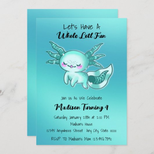 ティール（緑がかった色）ブルーキュートウォーター色アクソロトル誕生日 招待状 (正面/裏面)