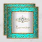 ティール（緑がかった色）ブルーキンセアニェラ金ゴールドティアラ 招待状 (正面/裏面)