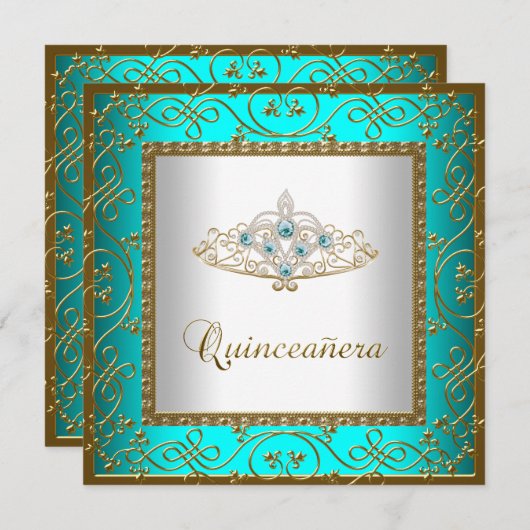 ティール(緑がかった色)ブルーキンセアニェラ金ゴールドティアラ 招待状 (正面/裏面)