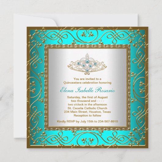 ティール(緑がかった色)ブルーキンセアニェラ金ゴールドティアラ 招待状 (裏面)