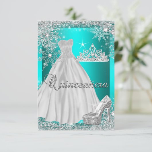 ティール（緑がかった色）ブルーキンセアニェラ15thバースデーパーティー 招待状 (スタンド正面)