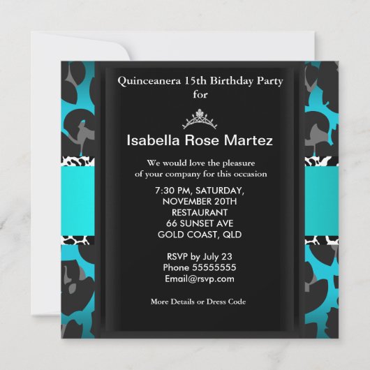 ティール（緑がかった色）ブルーキンセアニェラ15thパーティー写真 招待状 (裏面)