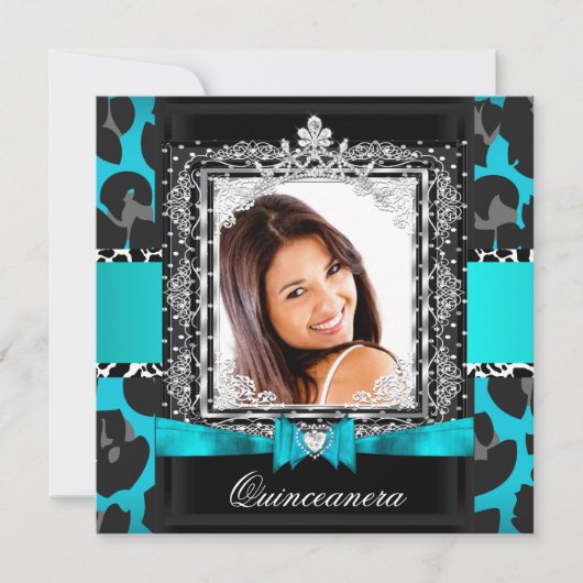 ティール(緑がかった色)ブルーキンセアニェラ15thパーティー写真 招待状 (正面)