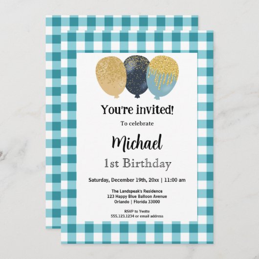 ティール（緑がかった色）ブルーギンガム、パーティーバルーン1st誕生日 招待状 (正面/裏面)